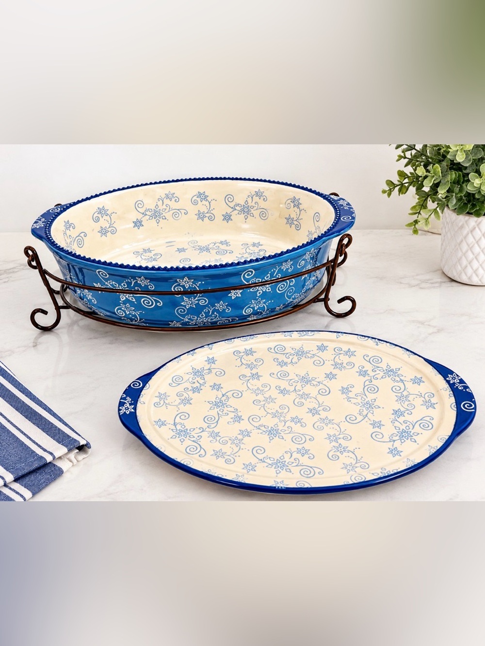 Temp-Tations 3qt. Blue Winter Snowflake Ceramic Bakeware Set
